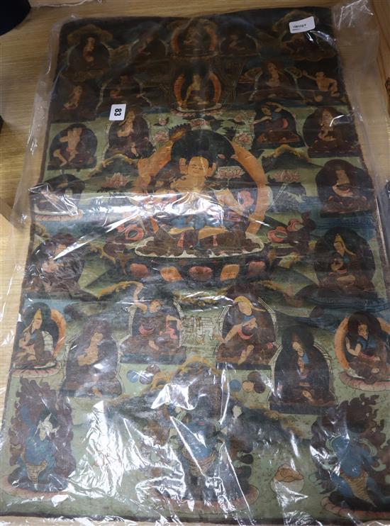 A Tibetan Thangka panel painted on linen with multiple deities 70 x 44cm